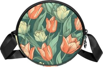 Generic Circle Crossbody Bag for Women, Tulip Pretty Painted Small Sling Bag Daypack with Zipper Adjustable Shoulder Straps Casual Ladies Girls Round Purse