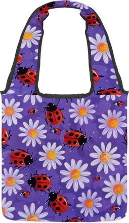 Generic Ladybugs Daisy Flowers Reversible Canvas Shoulder Tote - Double-Sided Print, 12oz Cotton, 27cm Drop, Fold-Flat Bag for Travel, Shopping, Street Outing