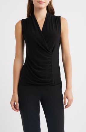 Anne Klein Ruched Faux Wrap Top in Anne Black at Nordstrom, Size Xx-Small