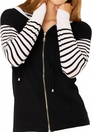 French Kyss Stripe Sleeve Zip Up Hoodie In Black/white