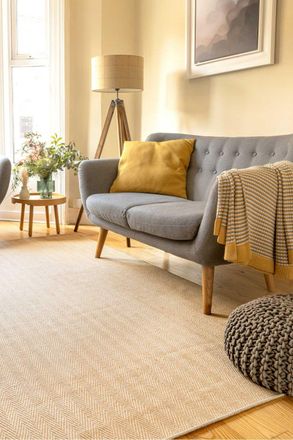 Kukoon Natural Golden Beige Jute Micro Woven Herringbone Pattern Cotton Border Area Rug | Size: 160 cm x 230 cm