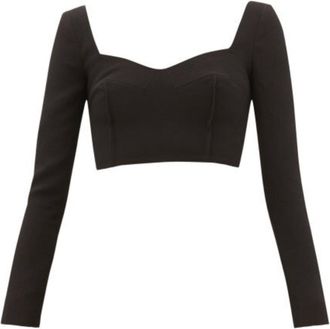 Emilia Wickstead Jules Black Crepe Long Sleeved Crop Top Size M