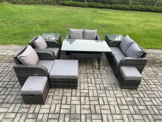 Fimous Outdoor Rattan Garden Furniture 10 piece Grey Patio Furniture Set 9 Seater Lounge Sofa Set with Rectangular Table in Dark Grey