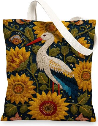 Generic Embroidered Canvas Tote Bag, Floral Vintage Reusable Grocery Bags, Lightweight Sunflower Design Shoulder Strap Bags, Blue, 13x15 Inch