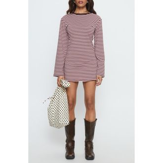 Princess Polly Lulolah Stripe Long Sleeve T-Shirt Minidress in Chocolate /Pink Stripe at Nordstrom, Size 10