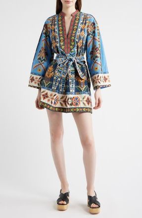 Farm Rio Embroidered Tapestry Long Sleeve Minidress in Blue at Nordstrom, Size Xx-Small
