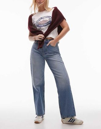 Topshop mid rise loose fit straight jeans in mid blue