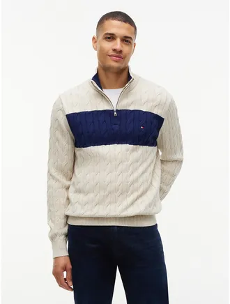 Tommy Hilfiger Mens Cable Knit Striped Quarter-Zip Sweater - Beige - XXXL