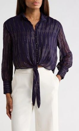 Ciebon Aurora Metallic Tie Hem Button-Up Top in Navy at Nordstrom Rack, Size X-Small