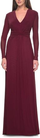 La Femme Long Sleeve Jersey Evening Dress with Ruching Detail in Wine at Nordstrom, Size 14