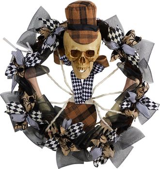 Nearly Natural Halloween Skull In Plaid Mesh Wreath 24In