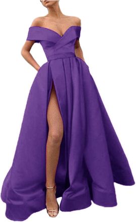 Generic Long Dresses for Women UK Party Evening Elegant Prom Dress Deep V Off Shoulder Slit Elastic Waist Dress Vintage A-Line Long Dresses Wedding Bridesmaid