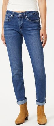Mavi Emma Mid Rise Slim Boyfriend Jeans in Dark Brushed Feather Blue at Nordstrom, Size 33 X 30