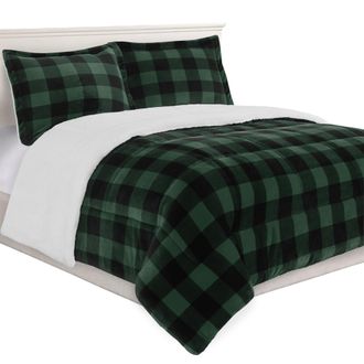 Elegant Comfort 3-Piece Buffalo Micro-Suede Reversible Sherpa - Lodge-Plaid Pattern Comforter Set