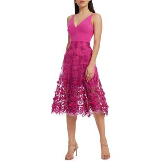 Dress The Population Darleen V-Neck Embroidered Mesh Cocktail Dress in Bright Fuchsia at Nordstrom Rack, Size Medium