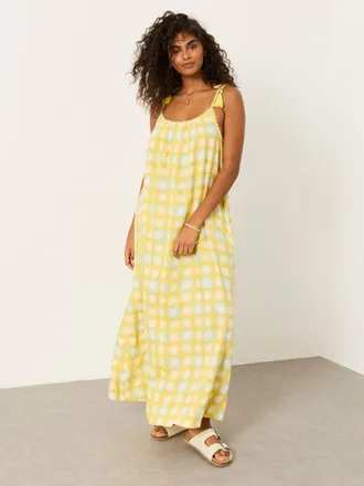Fat Face FatFace Bea Yellow Sun Tile Linen Petite Tassel Tie Strap Maxi Dress