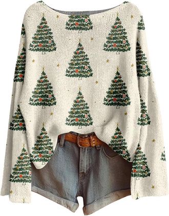 Generic Christmas Jumpers for Women Xmas Tree Print Ladies Xmas Tops Funny Christmas Sweater Boho Sweatshirt Pullover