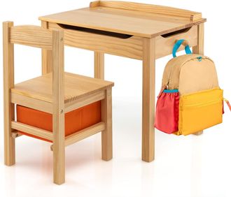 Costway Costway - Juego De Mesa Y Silla Para Ni&ntilde;os, Escritorio Infantil Con Silla Y Tablero Abatible, Juego De Mesa De Actividades De Madera Maciza, Bisagra D