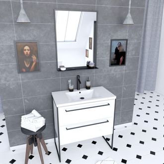 Aurlane Pack Mueble Ba&ntilde;o 80x50 Blanco - 2 Cajones-lavabo Blanco + Espejo Negro Mate