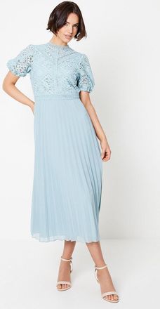 Oasis Womens Lace Puff Sleeve Pleated Midi Dress - Light Blue - Size 12 UK