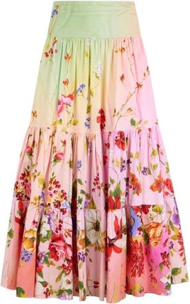 Roberto Cavalli Midi Rok met Miami Bloemenprint - Dames - Midirokken - Veelkleurig - S - Katoen - Rokken