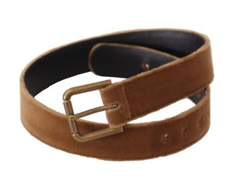 Dolce & Gabbana Womens Brown Velvet Bronze Vintage Logo Metal Buckle Belt Leather