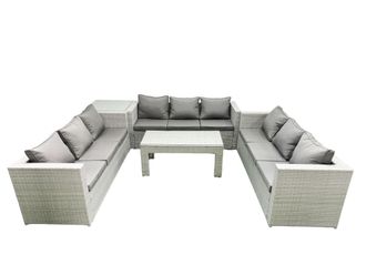 Fimous Rattan Garden Outdoor Furniture Set 9 Seater Garden Sofa Oblong Coffee Table Set with Side Table Light Grey Mixed
