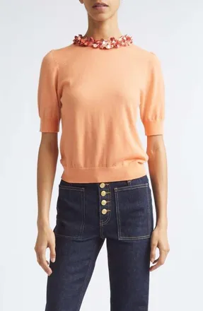 Ulla Johnson Jude Embellished Wool Sweater in Coral Orange at Nordstrom, Size X-Small