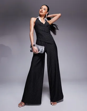 River Island pinstripe jumpsuit in black-Blue