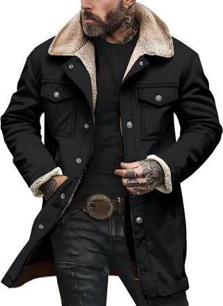 Generic Winter Jackets for Men UK Work Long Coats with Flap Pockets Hooded Trucker Jacket sherpa Fleece Lined Jackets Casual Oversized Motorcycle Trench Coat 