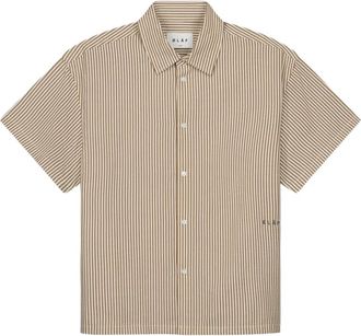Olaf Hussein Seersucker Gestreept Shirt Korte Mouw Camel - Heren - Korte mouwen Overhemden - Bruin - S - Overhemden