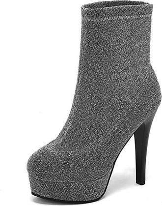 Generic Womens Fashion Glitter Platform Round Toe Stiletto Heel Ankle Boots with Side Zipper Winter Party Wedding Dress Shoes (Grey,7.5)
