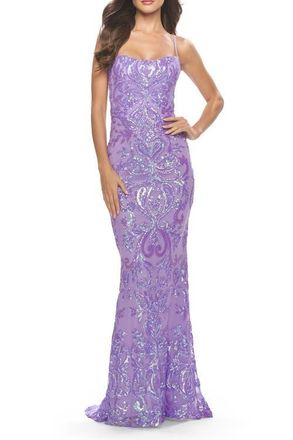 La Femme Print Sequin Gown with Square Neckline in Lavender at Nordstrom, Size 10