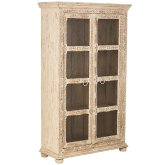 Wanderlust Deco Vitrina de madera tallada acabado artesanal beige 106x43x180h cm