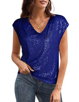Grace Karin Womens Sequin Top Winter Xmas Short Sleeve V-Neck Sequin Glitter Shirt Casual Classic Blouses for Women UK XL Size 18 Blue