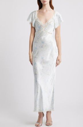 LoveShackFancy Eline Floral Print Lace Trim Silk Maxi Dress in Snowdrop Blue at Nordstrom, Size X-Large