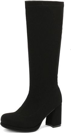 Generic Womens Block High Heel Platform Long Boots Round Toe Knee High Boots Pull on Casual Boot,Black,7.5 UK