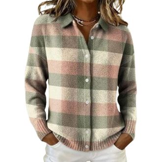 Generic Womens Plaid Print Casual Button-Down Cardigan Sweater, Long Sleeves, V-Neck, Short Casual Style. (Pink Apricot Tea Green Check,L)