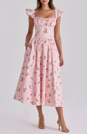 House of CB Livia Pink Rose Stretch Cotton Midi Dress in Pink Vintage at Nordstrom, Size X-Small