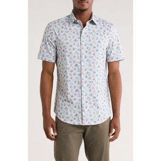 Bugatchi Miles OoohCotton Abstract Print Short Sleeve Button-Up Shirt in White/Jade at Nordstrom Rack, Size Xxx-Large