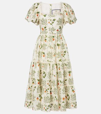 Agua Bendita Embellished printed linen midi dress