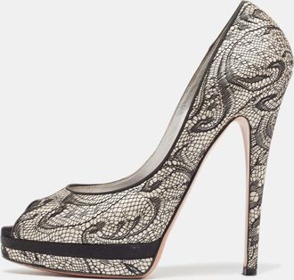 Casadei Two Tone Satin And Lace Peep Toe Platform Pumps