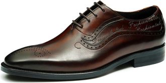 Generic Mens Pointed Toe Brogue Oxfords Lace Up Formal Business Shoes Low Block Heel Wingtip Dress Shoes,Brown,7.5 UK