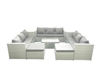 Fimous Rattan Garden Outdoor Furniture Set 11 Seater Garden Sofa Coffee Table Set with 2 Big Footstools Light Grey Mixed