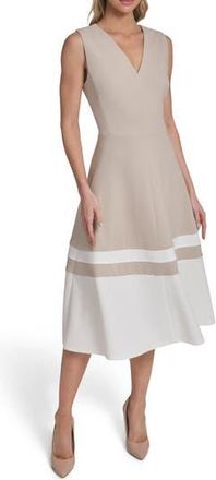 Tommy Hilfiger Scuba Crepe Fit & Flare Midi Dress in Khaki/Ivory at Nordstrom Rack, Size 14