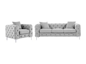 Vente-Unique Sof&aacute; de 3 plazas y sill&oacute;n de terciopelo gris claro EDWINA