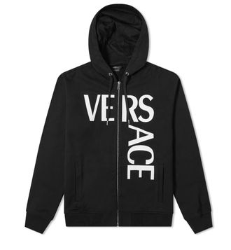 Versace Logo Printed Zip Up Black Cotton Hoodie Size M