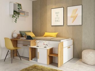 Vente-Unique Combination Bed 90 X 200 Cm With Desk & Storage - Colours: White and in Light Oak | Size: Single
