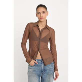Good American Womens Mesh Button Up Top | Saddlewood, Size Medium | Good American by Khlo&Egrave; Kardashian