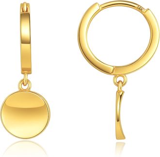 MAX + STONE 14k Yellow Gold Small Huggie Dangle Hoop Earrings with 10mm Round Plates